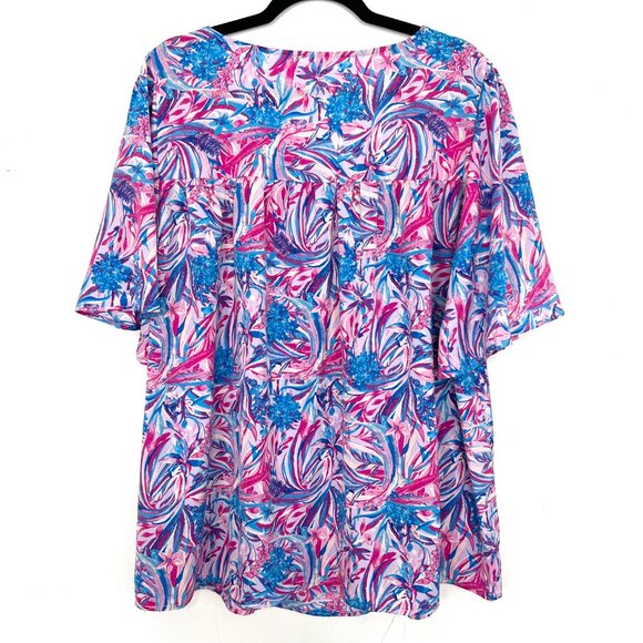 Emily Wonder Pink Blue Floral Flutter Sleeve Top 2X zq - Picture 4 of 4